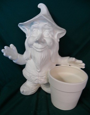 standing gnome with flower pot